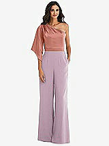 Front View Thumbnail - Suede Rose & Desert Rose One-Shoulder Bell Sleeve Jumpsuit with Pockets