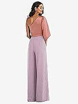 Rear View Thumbnail - Suede Rose & Desert Rose One-Shoulder Bell Sleeve Jumpsuit with Pockets