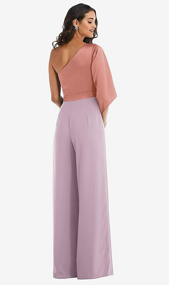 Back View - Suede Rose & Desert Rose One-Shoulder Bell Sleeve Jumpsuit with Pockets