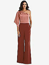 Front View Thumbnail - Auburn Moon & Desert Rose One-Shoulder Bell Sleeve Jumpsuit with Pockets