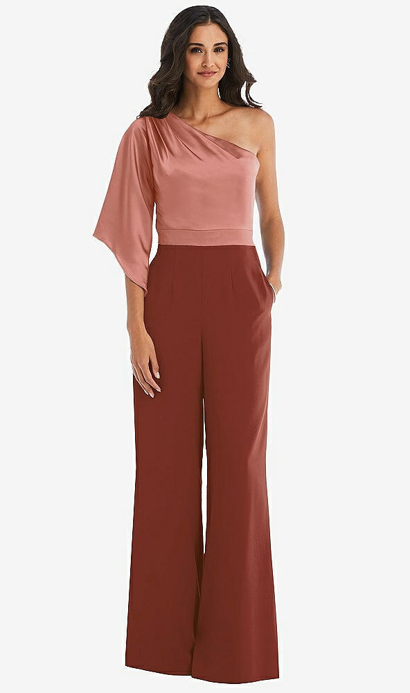 Front View - Auburn Moon & Desert Rose One-Shoulder Bell Sleeve Jumpsuit with Pockets