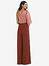 Rear View Thumbnail - Auburn Moon & Desert Rose One-Shoulder Bell Sleeve Jumpsuit with Pockets