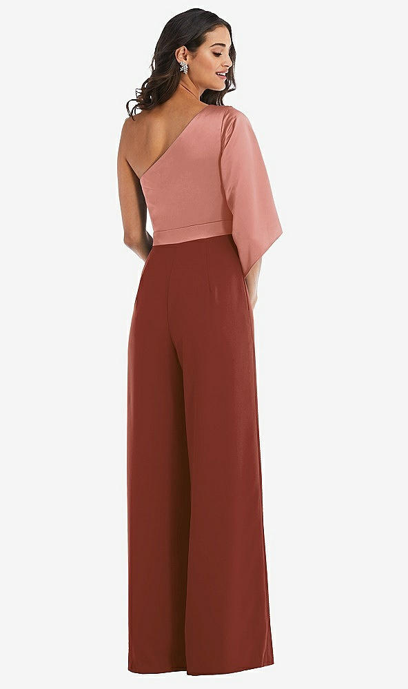 Back View - Auburn Moon & Desert Rose One-Shoulder Bell Sleeve Jumpsuit with Pockets