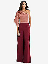 Front View Thumbnail - Burgundy & Desert Rose One-Shoulder Bell Sleeve Jumpsuit with Pockets