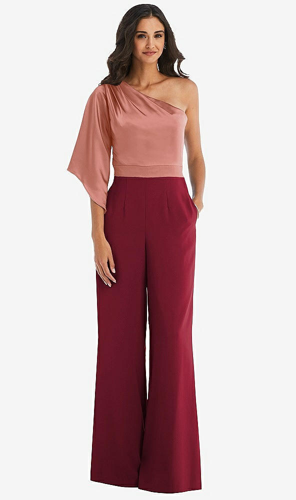Front View - Burgundy & Desert Rose One-Shoulder Bell Sleeve Jumpsuit with Pockets