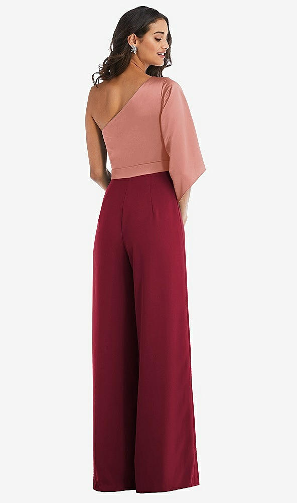 Back View - Burgundy & Desert Rose One-Shoulder Bell Sleeve Jumpsuit with Pockets