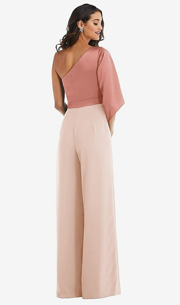 Back View - Cameo & Desert Rose One-Shoulder Bell Sleeve Jumpsuit with Pockets