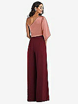 Rear View Thumbnail - Cabernet & Desert Rose One-Shoulder Bell Sleeve Jumpsuit with Pockets