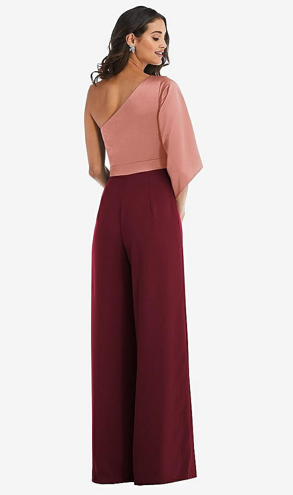Back View - Cabernet & Desert Rose One-Shoulder Bell Sleeve Jumpsuit with Pockets