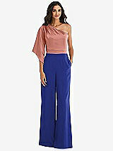 Front View Thumbnail - Cobalt Blue & Desert Rose One-Shoulder Bell Sleeve Jumpsuit with Pockets
