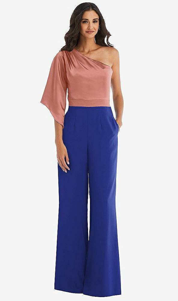 Front View - Cobalt Blue & Desert Rose One-Shoulder Bell Sleeve Jumpsuit with Pockets