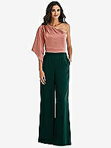 Front View Thumbnail - Evergreen & Desert Rose One-Shoulder Bell Sleeve Jumpsuit with Pockets