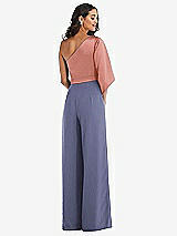 Rear View Thumbnail - French Blue & Desert Rose One-Shoulder Bell Sleeve Jumpsuit with Pockets