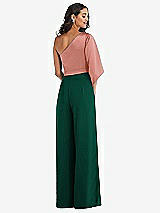 Rear View Thumbnail - Hunter Green & Desert Rose One-Shoulder Bell Sleeve Jumpsuit with Pockets