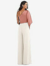 Rear View Thumbnail - Ivory & Desert Rose One-Shoulder Bell Sleeve Jumpsuit with Pockets