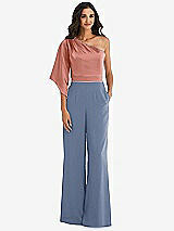 Front View Thumbnail - Larkspur Blue & Desert Rose One-Shoulder Bell Sleeve Jumpsuit with Pockets