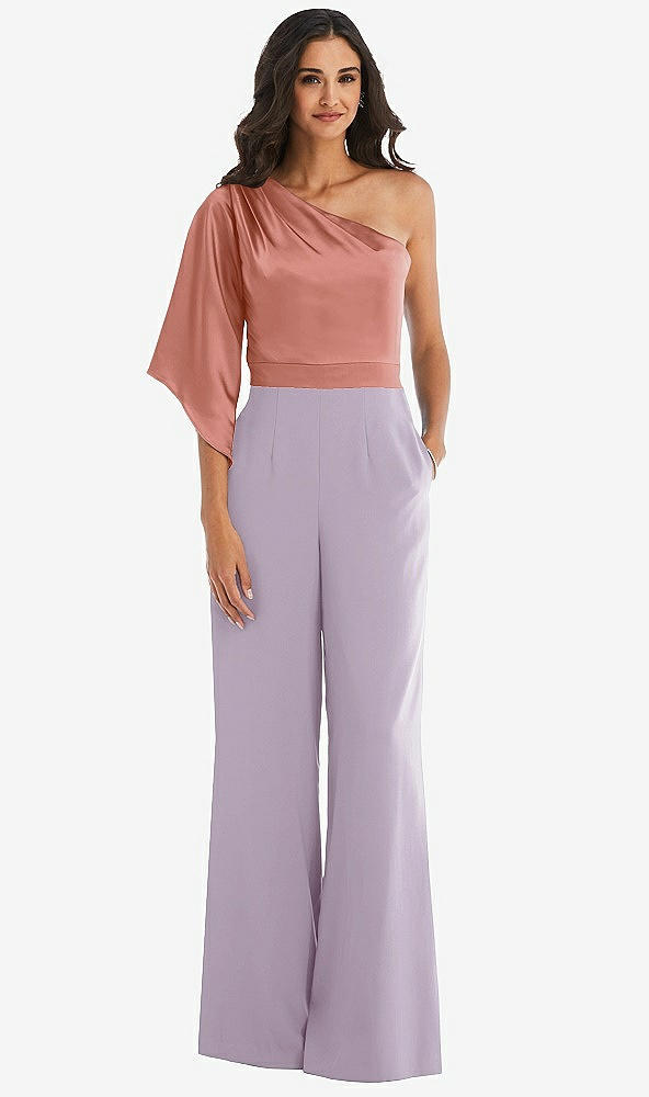 Front View - Lilac Haze & Desert Rose One-Shoulder Bell Sleeve Jumpsuit with Pockets