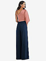 Rear View Thumbnail - Midnight Navy & Desert Rose One-Shoulder Bell Sleeve Jumpsuit with Pockets