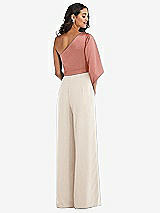 Rear View Thumbnail - Oat & Desert Rose One-Shoulder Bell Sleeve Jumpsuit with Pockets