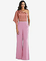 Front View Thumbnail - Powder Pink & Desert Rose One-Shoulder Bell Sleeve Jumpsuit with Pockets