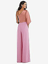 Rear View Thumbnail - Powder Pink & Desert Rose One-Shoulder Bell Sleeve Jumpsuit with Pockets
