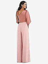 Rear View Thumbnail - Rose & Desert Rose One-Shoulder Bell Sleeve Jumpsuit with Pockets