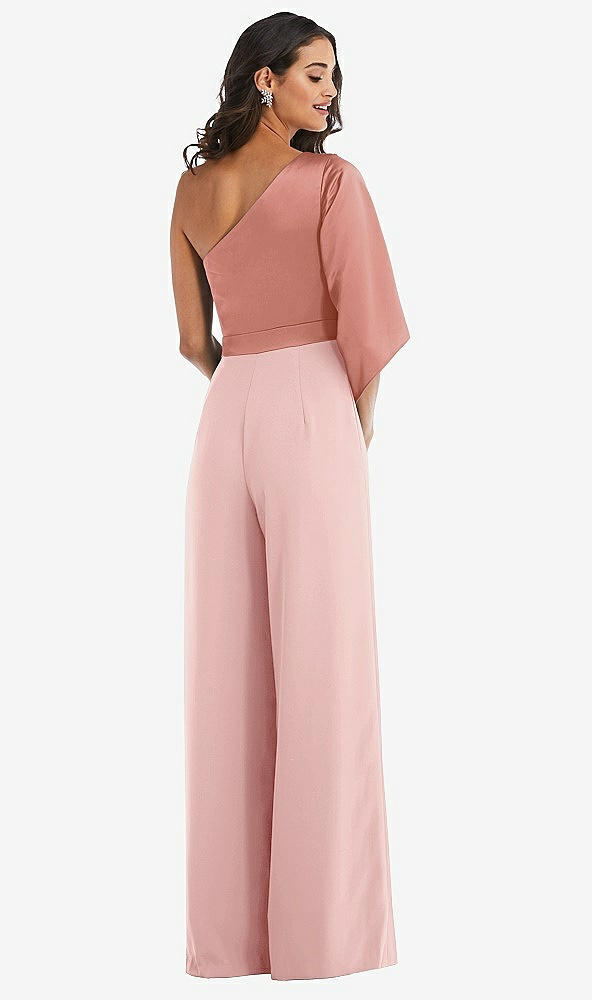 Back View - Rose & Desert Rose One-Shoulder Bell Sleeve Jumpsuit with Pockets