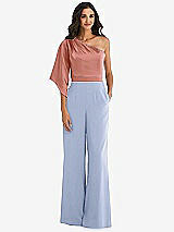 Front View Thumbnail - Sky Blue & Desert Rose One-Shoulder Bell Sleeve Jumpsuit with Pockets