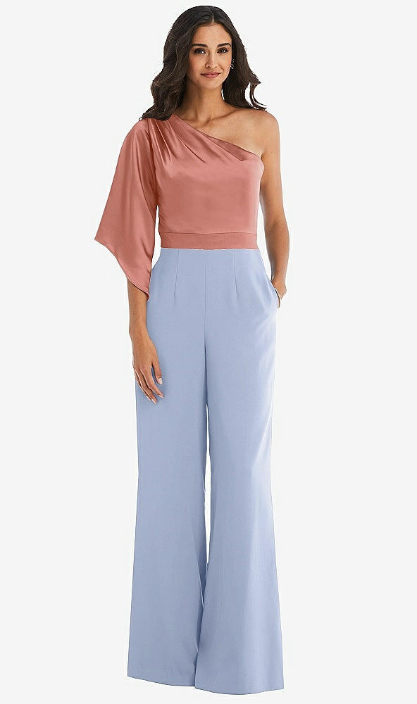 Front View - Sky Blue & Desert Rose One-Shoulder Bell Sleeve Jumpsuit with Pockets