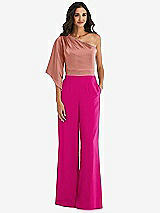 Front View Thumbnail - Think Pink & Desert Rose One-Shoulder Bell Sleeve Jumpsuit with Pockets