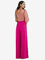Rear View Thumbnail - Think Pink & Desert Rose One-Shoulder Bell Sleeve Jumpsuit with Pockets