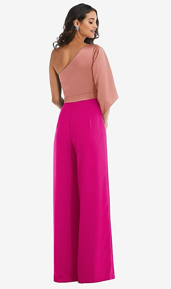 Back View - Think Pink & Desert Rose One-Shoulder Bell Sleeve Jumpsuit with Pockets