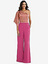 Front View Thumbnail - Tea Rose & Desert Rose One-Shoulder Bell Sleeve Jumpsuit with Pockets