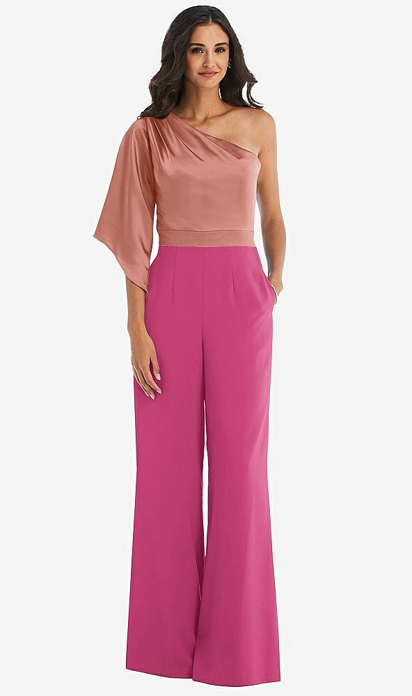 Front View - Tea Rose & Desert Rose One-Shoulder Bell Sleeve Jumpsuit with Pockets