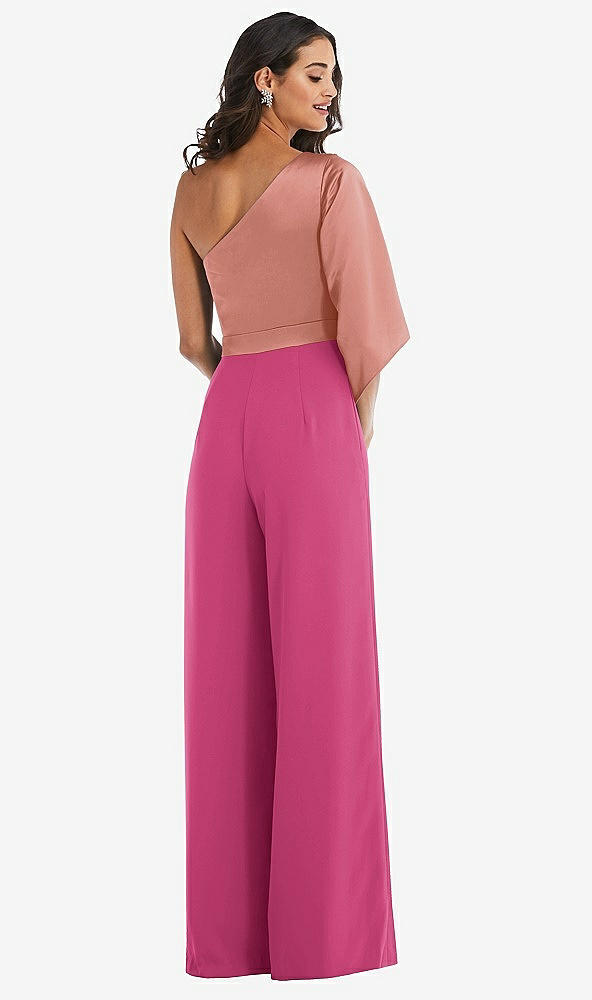Back View - Tea Rose & Desert Rose One-Shoulder Bell Sleeve Jumpsuit with Pockets