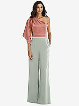 Front View Thumbnail - Willow Green & Desert Rose One-Shoulder Bell Sleeve Jumpsuit with Pockets