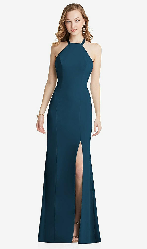Back View - Atlantic Blue High-Neck Halter Dress with Twist Criss Cross Back