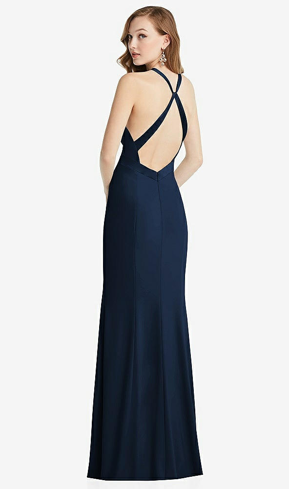 Front View - Midnight Navy High-Neck Halter Dress with Twist Criss Cross Back