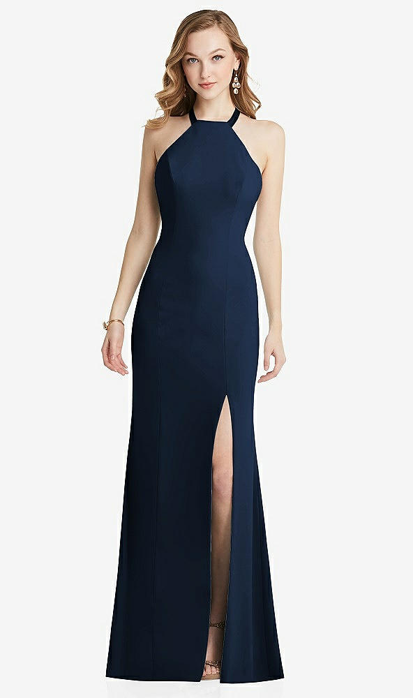 Back View - Midnight Navy High-Neck Halter Dress with Twist Criss Cross Back
