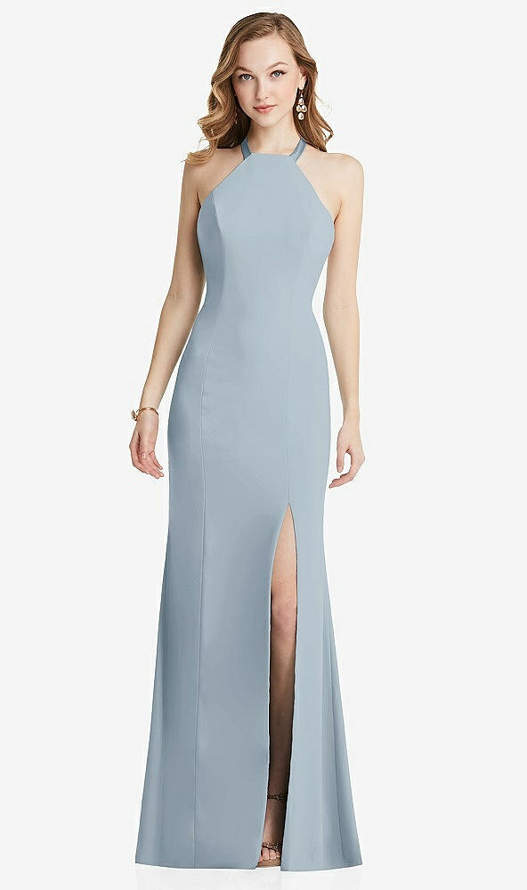 Back View - Mist High-Neck Halter Dress with Twist Criss Cross Back
