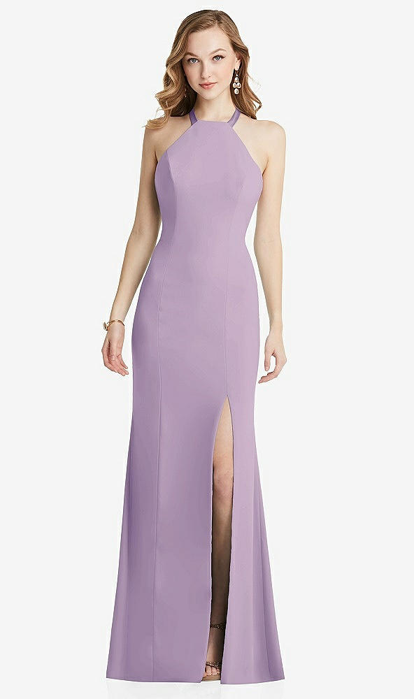 Back View - Pale Purple High-Neck Halter Dress with Twist Criss Cross Back 