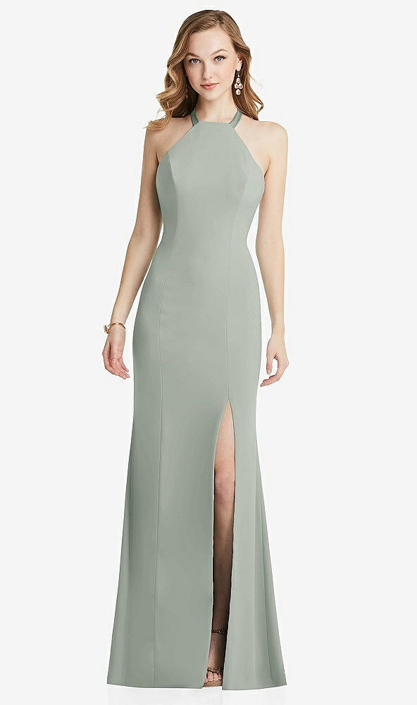 Back View - Willow Green High-Neck Halter Dress with Twist Criss Cross Back 