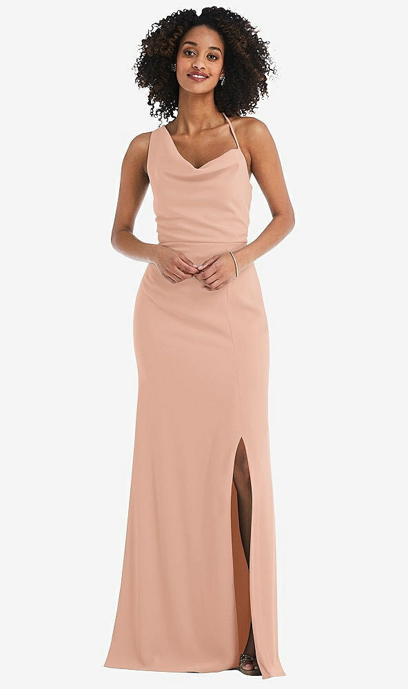 Front View - Pale Peach One-Shoulder Draped Cowl-Neck Maxi Dress