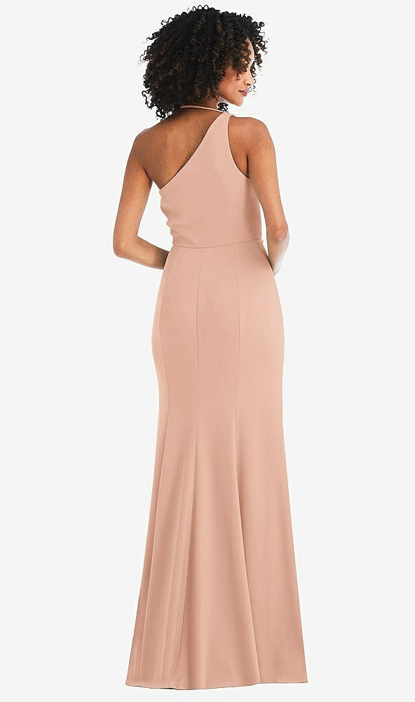 Back View - Pale Peach One-Shoulder Draped Cowl-Neck Maxi Dress