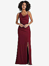 Front View Thumbnail - Burgundy One-Shoulder Draped Cowl-Neck Maxi Dress