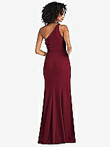Rear View Thumbnail - Burgundy One-Shoulder Draped Cowl-Neck Maxi Dress