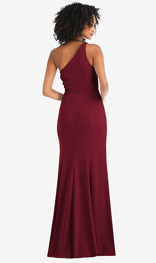 Back View - Burgundy One-Shoulder Draped Cowl-Neck Maxi Dress