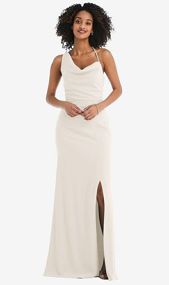 Front View - Ivory One-Shoulder Draped Cowl-Neck Maxi Dress