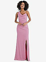 Front View Thumbnail - Powder Pink One-Shoulder Draped Cowl-Neck Maxi Dress