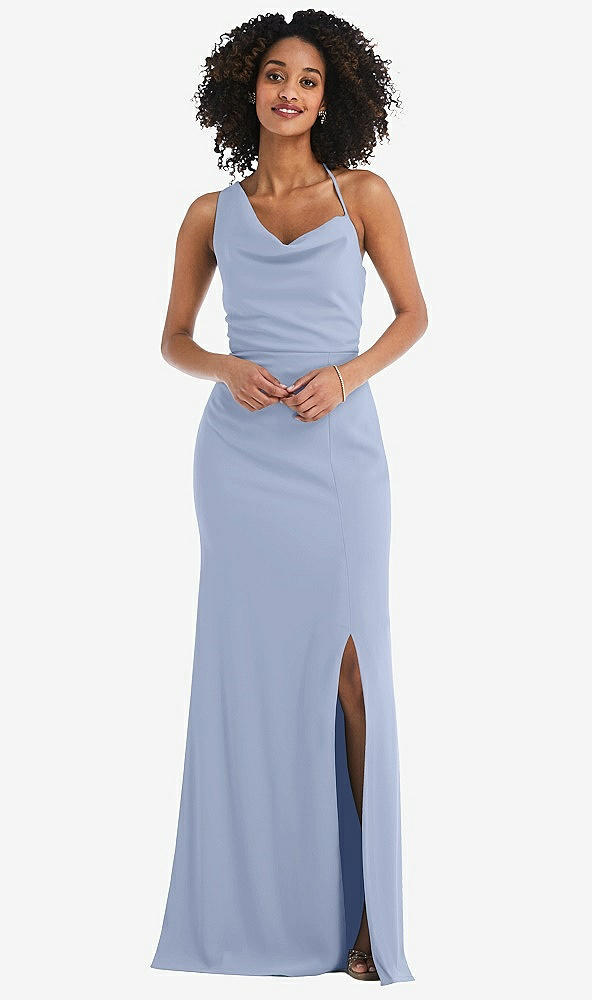 Front View - Sky Blue One-Shoulder Draped Cowl-Neck Maxi Dress